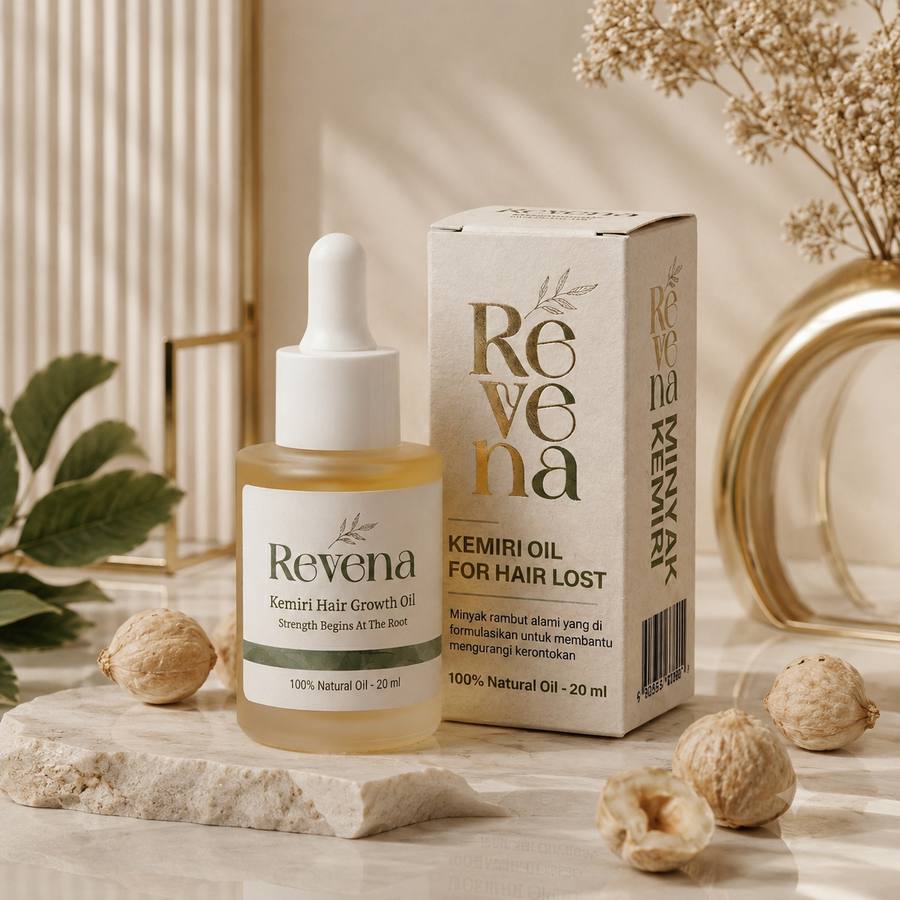 Botol dan kotak kemasan Revena Kemiri Hair Growth Oil