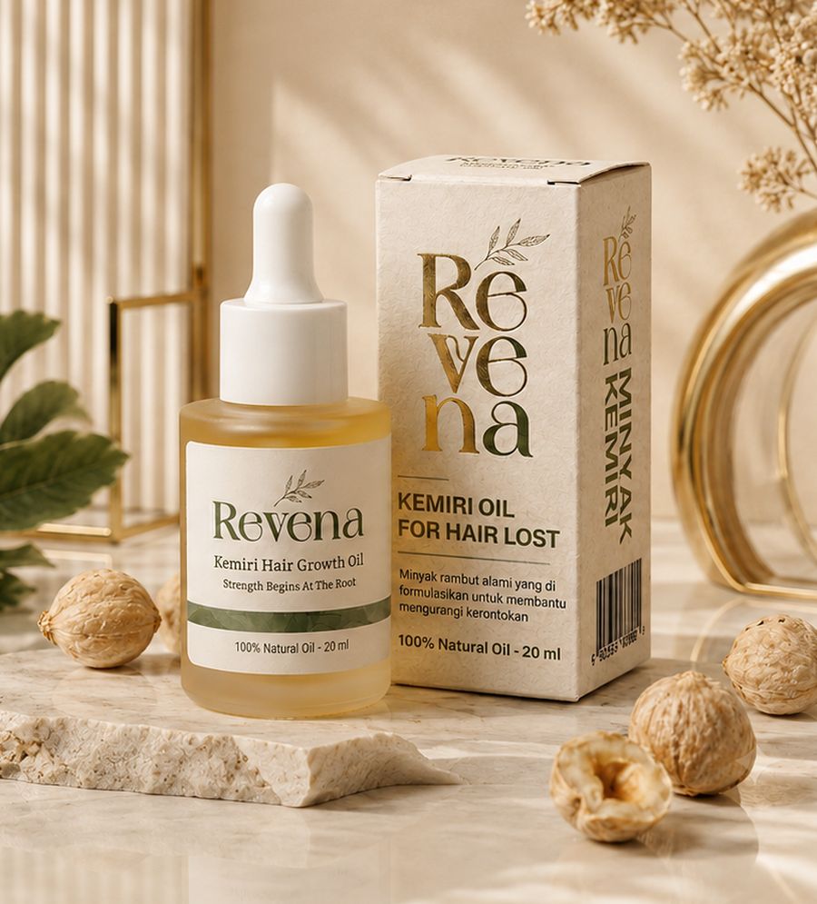 Botol dan kotak Revena Kemiri Hair Growth Oil di atas meja marmer