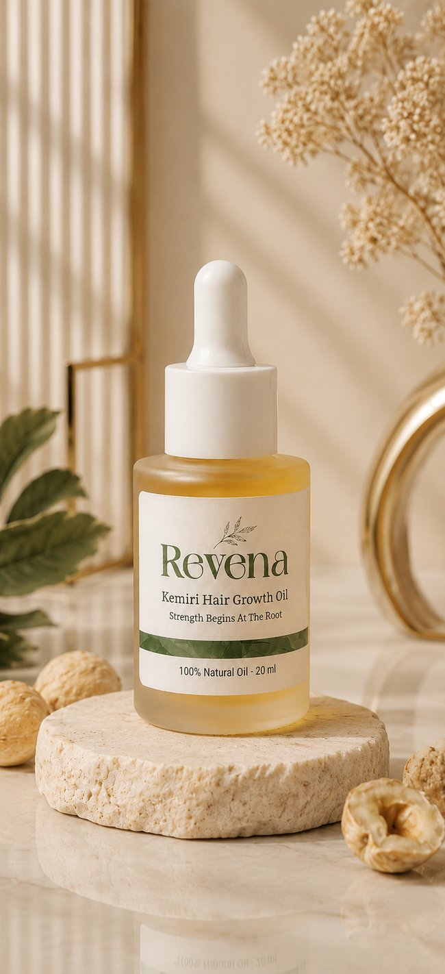 Botol Revena Kemiri Hair Growth Oil di atas batu alam