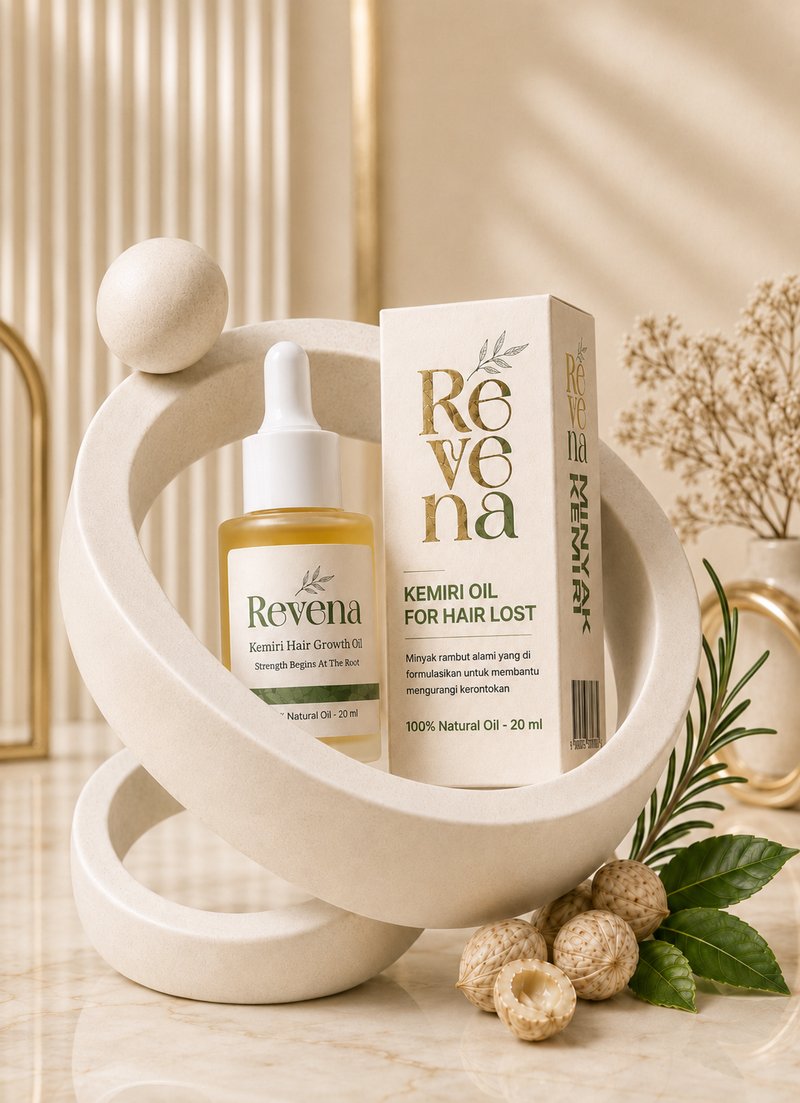 Botol Revena Kemiri Hair Growth Oil 20 ml beserta kotak kemasan di atas pedestal dengan biji kemiri