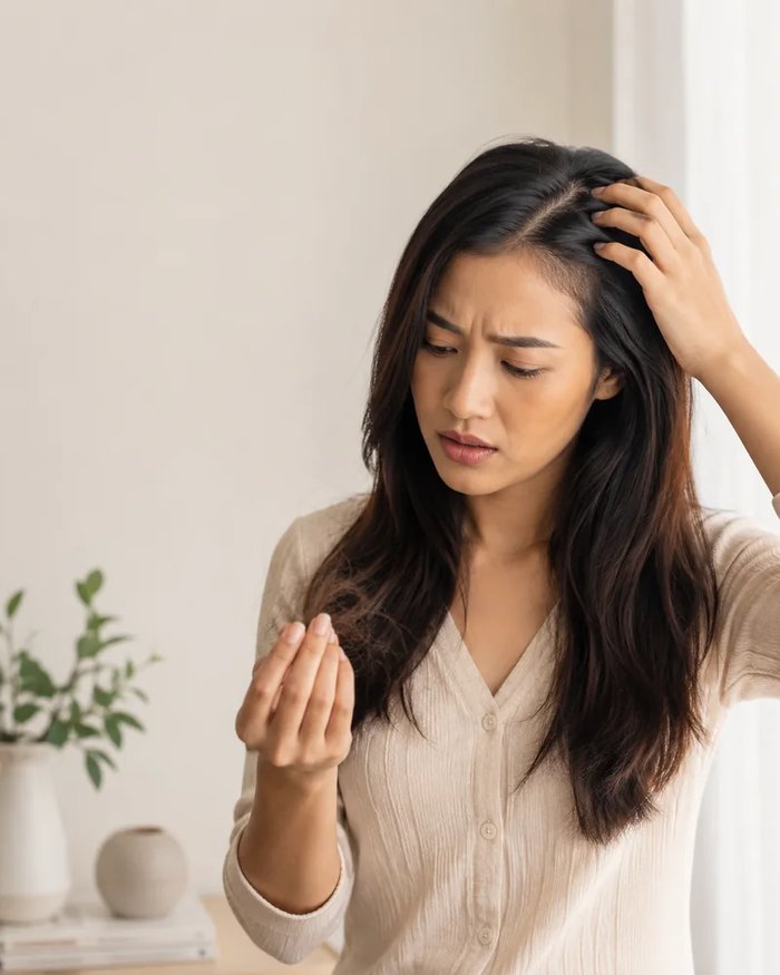 Wanita memeriksa rambut rontok di tangannya, menunjukkan kekhawatiran akan kesehatan akar rambut